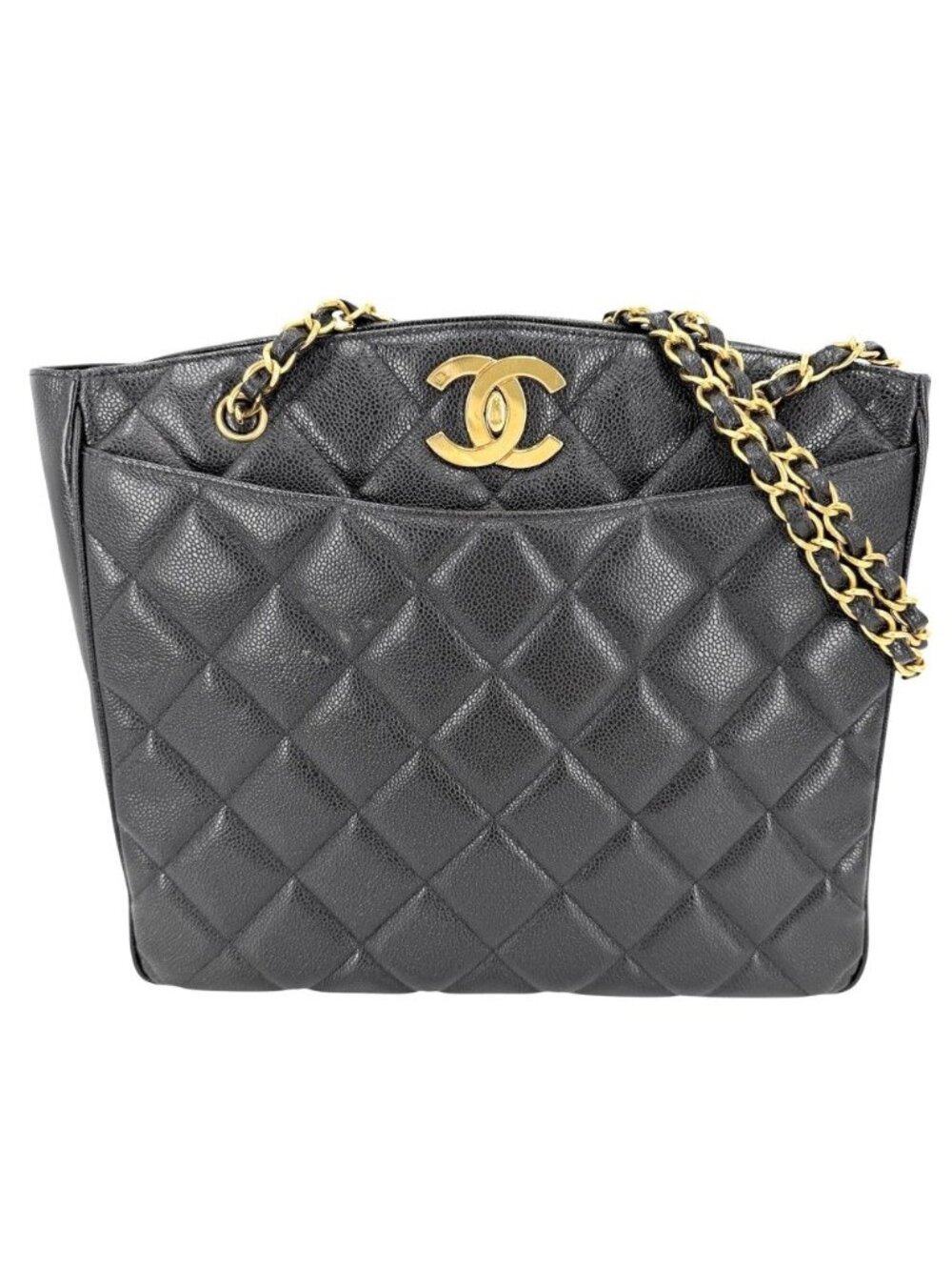 Chanel Big Handbag Quilted CC Logo Chain Tote Shoulder Caviar Leather Black Gold